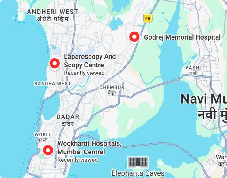 Map showing Laparoscopy and Scopy Centre, Godrej Memorial Hospital, and Wockhardt Hospitals in Mumbai